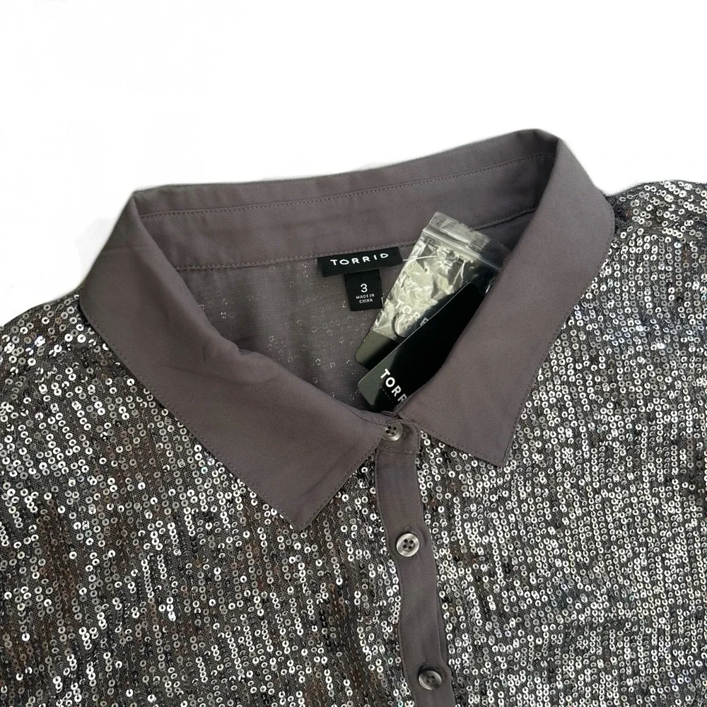 Torrid Gray Madison Sequin Long Sleeve Button Up Shirt Women's Size 3X 22-24 NWT